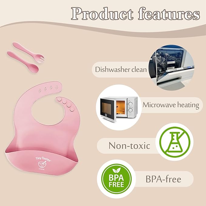 Tiny Tastes 10-Piece Silicone Baby Feeding Set – BPA-Free, Spill-Proof Suction Plate, Bowl, Bib, Snack Cup & Utensils | Dishwasher Safe, Baby Gift Ready (Light Pink)