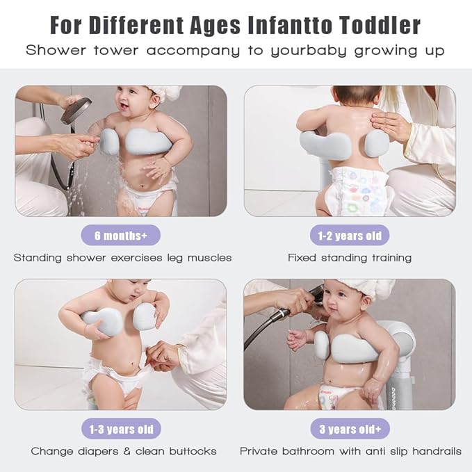 Baby Shower Stand 2025 Upgraded, Removable base, Shower Standing Support with Adjustable Height and Armrest, Bath Stand with Anti-Skip and Shower Head Holder, Ideal Gift for Infants 6-36 Months (grey)