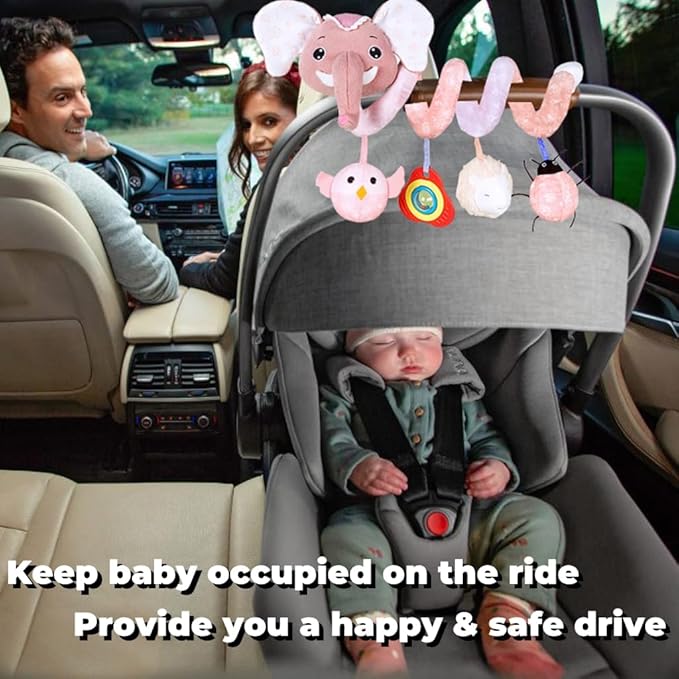 Musical Owl Rattle Sheep Pink Elephant Car Seat Toys for Babies 0-6 Months, Hanging Stroller Toys for Baby Girls 3-6 Month, Newborn Girl Infants Baby Birthday Gift Toy 0-12 Months