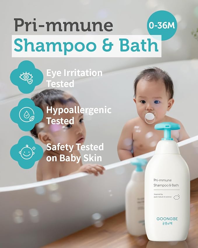 GOONGBE Pri-mmune Shampoo & Bath - Korean Baby Wash - Hypoallergenic Head to Toe Cleanser - Paraben-Free Formula For Sensitive Hair & Skin, 11.8 fl.oz.