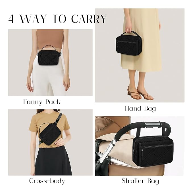 Small Diaper Bag with Portable Changing Pad, Mini Crossbody Diaper FannyPack with Wipes Pocket, Women Waist Bag for Travel (Quilted Black, Large)