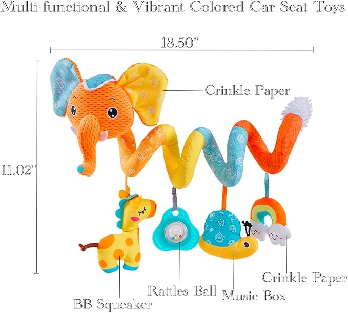 Car Seat Toys for Baby, Spiral Activity Stroller Toy for Infants 0-6 Months, Hanging Baby Toys Crib for Newborn 0 3 6 12 Months Developmental Toy with Music Box Rattle Squeaker- Orange Elephant