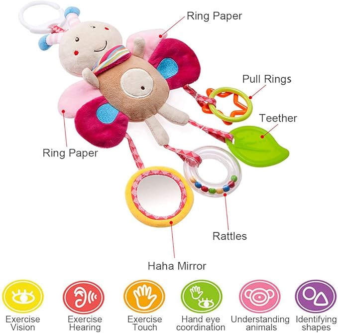 Sealive 4 Piece Baby Stroller Sensory Musical Toys, Soft Rattles Hanging Plush Activity Crib Car Seat Toys for Babies Boy Girl