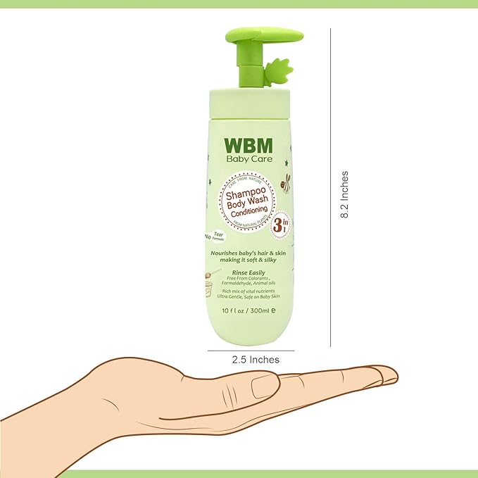 WBM Care 3-in-1 Baby Shampoo, Body Wash & Conditioner (10 oz, Pack of 2) offers a gentle, nourishing formula for baby’s hair and skin, Tear-free and hypoallergenic