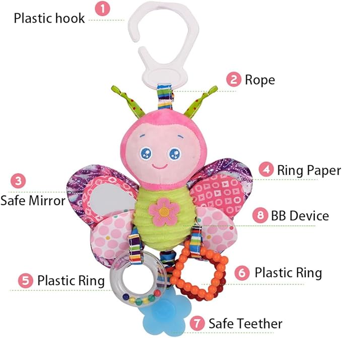D-KINGCHY Baby Car Seat Stroller Plush Hanging Rattle Toys Newborn Crib Bed Around Toy with Teether Rattle Sound for 0-3 Years Old (Butterfly)