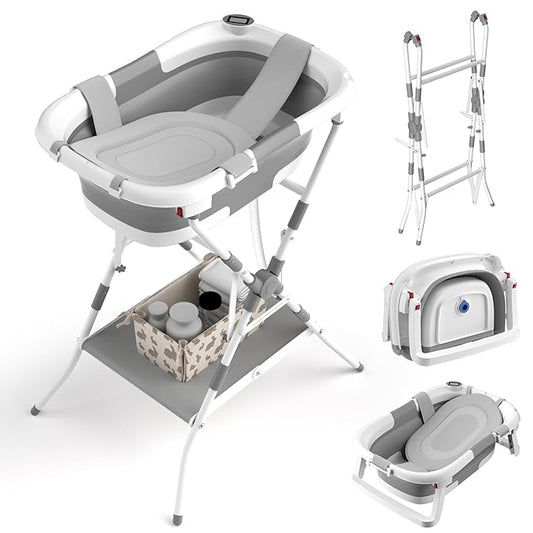 Baby Bathtub with Stand, 2-in-1 Collapsible Bath Tubs for Newborn to Toddler, Infant Bathtub with Folding Stand, Portable Bathtub for Baby Including Soft Cushion, Storage Pad