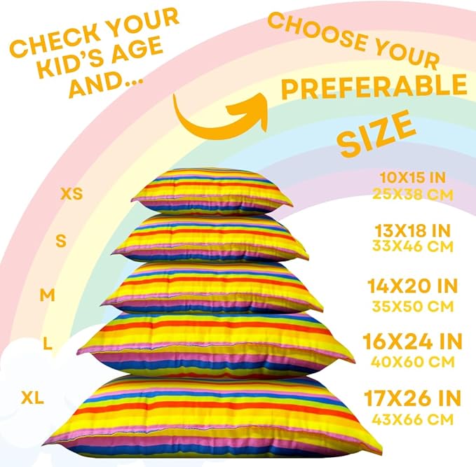 kinder Fluff Kids Pillow (2-Pack) 16x24in - Youth Pillows for Kids Age 7+, 100% Cotton Sateen Stripes 300T, Down Alternative Fill, Machine Washable - Children, Decor & Travel Cushion - Rainbow - L