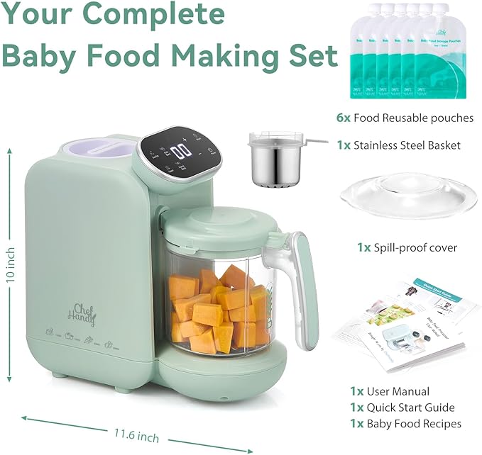 Chefhandy Baby Food Maker with Stainless Steel Steam Basket, One Step 5-in-1 Baby Food Processor Steamer Blender & Steam Cleaning, Auto Cooking, Puree & Baby Warmer with 6 Food Pouches, BPA-Free,Green