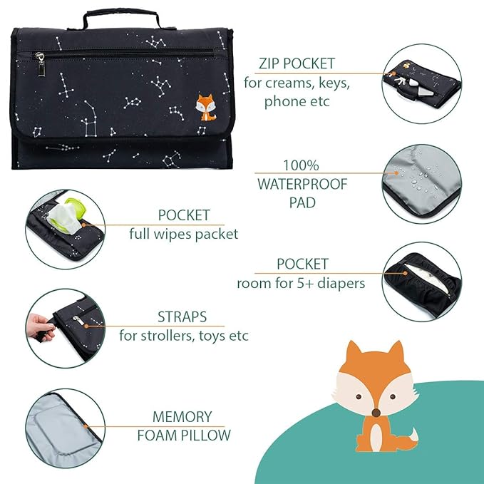 Lil Fox Portable Changing Pad - One-Hand Diaper Change Pad for Baby Diaper Bag or Changing Table. Unisex Baby Shower Gifts, Newborn Essentials
