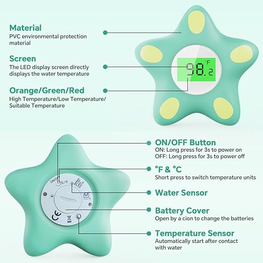 Baby Bath Thermometer, Infant Digital Water Thermometer Safety with 4 Color Backlit and Temperature Warning, Room Thermometers Floating Toy for Infant, Toddler, Bathtub, Swimming Pool
