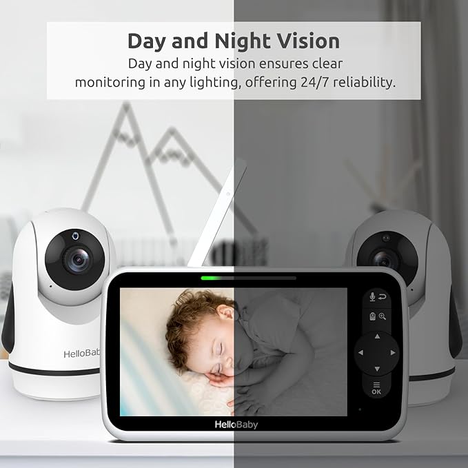 HelloBaby Video Baby Monitor with Upgraded 6” IPS Large Screen, Split Screen with 2 Cameras, Night Vision and Temprature Monitoring, Remote Pan-Tilt-Zoom Camera, No-WiFi