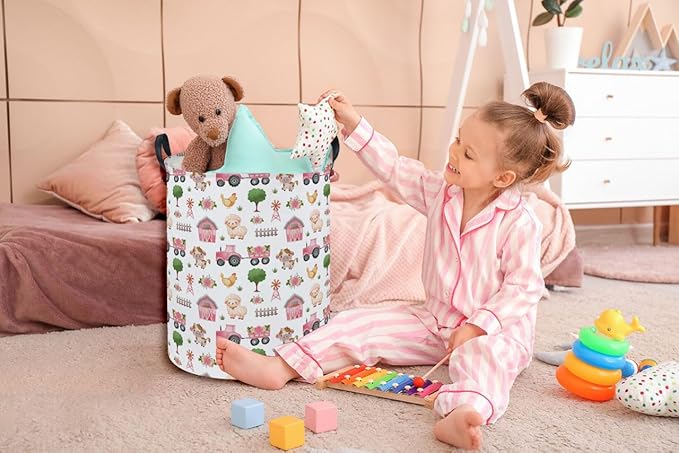 Essme Kids Laundry Basket,Farm Hamper Collapsible Canvas Waterproof Storage Bin for Girls, Pink Hamper,Gift Baskets(Pink Farm)