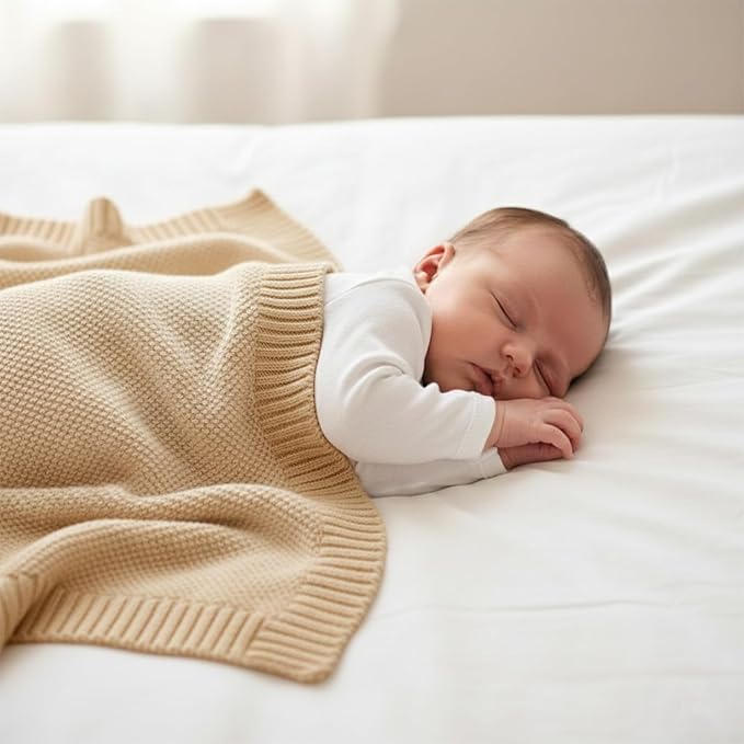 Grewear Baby Knit Blanket Soft Cotton Lightweight Newborn Blanket for Crib Stroller Toddler Nursery Shower Gift Cozy Breathable Travel Swaddle Wrap Beige 30 x 30 Inches