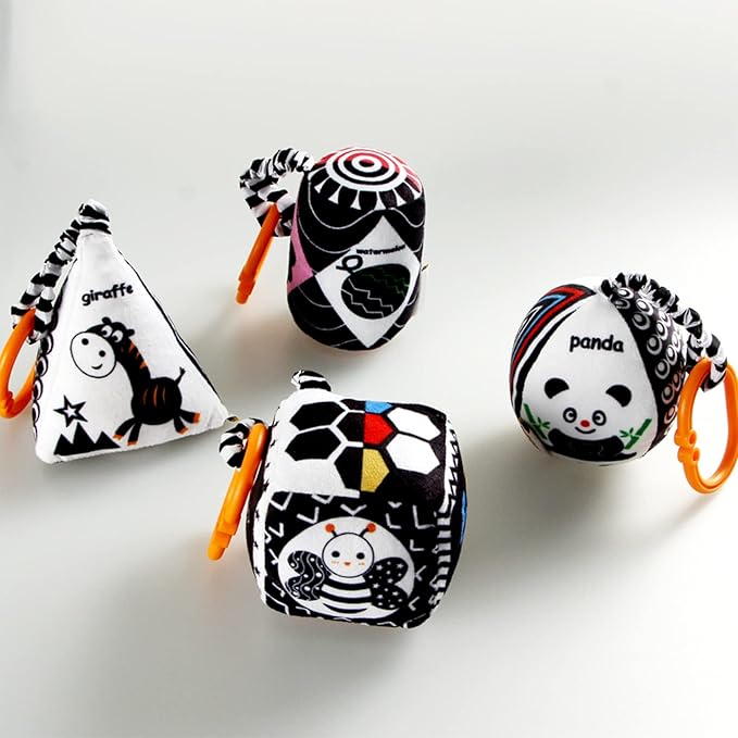 KAKIBLIN Baby Hanging Rattle Toys, 4 Pack Black and White Car Seat Baby Toys Soft Squeaky Stroller Toy for Babies Montessori Sensory Toy 0-12 Months for Newborn Infant, White and Black