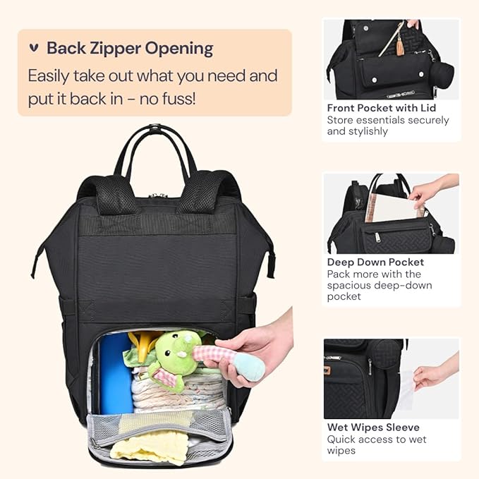 BabbleRoo Diaper Bag Backpack, Multifunction Nappy Changing Bag with Changing Pad, Stroller Straps & Pacifier Case, Unisex Stylish Travel Back Pack for Moms & Dads - Black