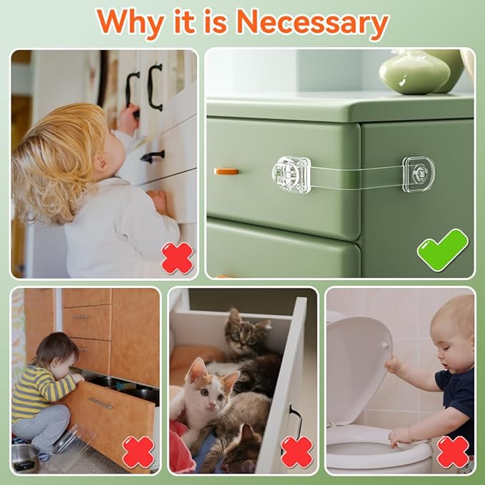 SAFELON 2 Pcs Transparent Child Proof Cabinet Locks Baby Safety Drawer Strap Locks, Baby Security Multi-Function Lock for Drawers, Fridges, Toilets, Cupboards, Cabinets (Clear)