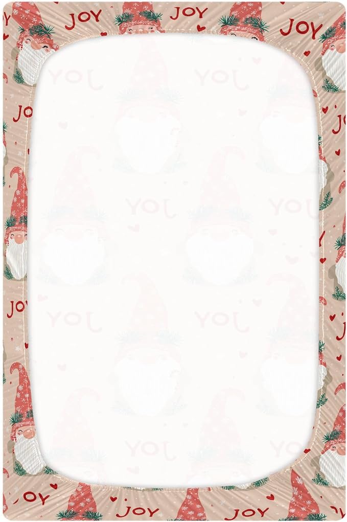 Pfrewn Christmas Crib Sheets for Boys Girls Gnome Cute Elf Heart Joy Fitted Crib Sheet for Mini Crib Mattress Stretch Soft Winter Pattern Toddler Baby Playard Sheet,39x27IN