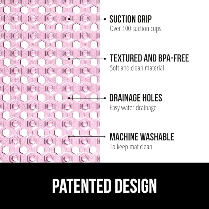 GORILLA GRIP Patented Square Shower Stall Mat, Small Bathtub Floor Mats for Stand Up Showers, Suction Cups and Drainage Holes, Machine Wash, Soft on Feet, Bathroom Accessories 21x21 Inch, Light Pink