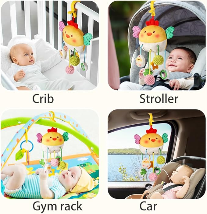 Carseat Toys Hanging for Babies 0-6 Months Boy Girl – Chicken Pull String Baby Toy with Crinkle, Rattle, Mirror, BB Squeaker – Crib Toys Hanging, Stroller, Car Seat Toy, Baby Hanging