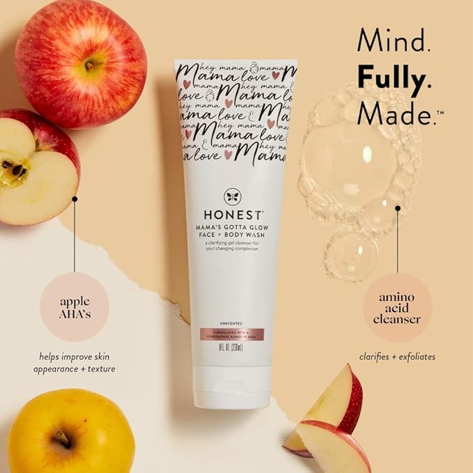 The Honest Company New Mama Care Essentials Gift Set, Hospital Bag Must Haves, Travel Size Nip Balm (0.5 oz) Glow On Body Cream (1 Gotta Face Wash (1.75 fl) with Reusable Pouch | Travel Size, Reusable Pouch