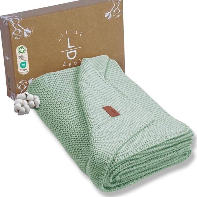 Little Dedi 100% Organic Cotton Baby Knitted Blanket with Gift Box - Soft Toddler, Crib, Stroller Blanket - Neutral Swaddle and Receiving Blanket for Newborns, 30"x40", Sage