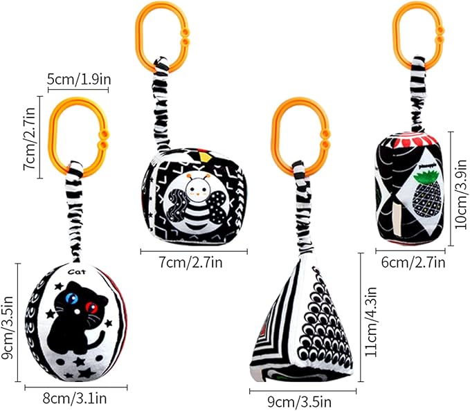 KAKIBLIN Baby Hanging Rattle Toys, 4 Pack Black and White Car Seat Baby Toys Soft Squeaky Stroller Toy for Babies Montessori Sensory Toy 0-12 Months for Newborn Infant, White and Black