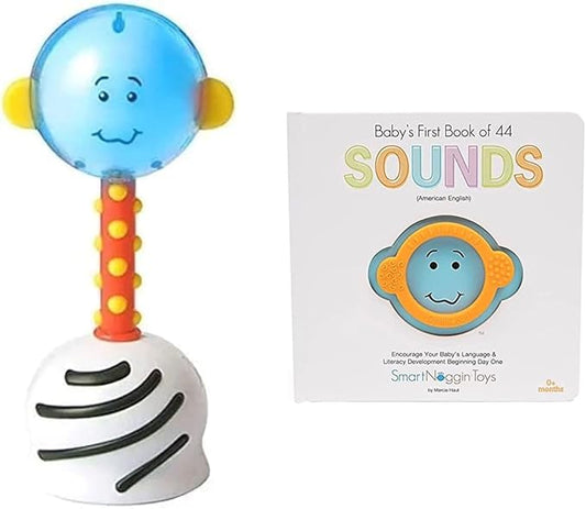 SmartNoggin Baby Developmental Milestones Set: NogginStik Developmental Light-Up Rattle and Baby’s First Book of 44 Sounds with Teether