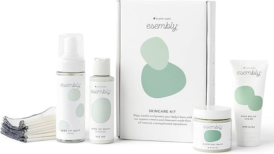 Esembly Skincare Kit, Baby Arrival Gift Set with Organic Diaper Creams, Reusable Organic Cotton Wipes and Wipe Cleanser with Foamer - Mama and Baby Essentials for Cloth Diapering