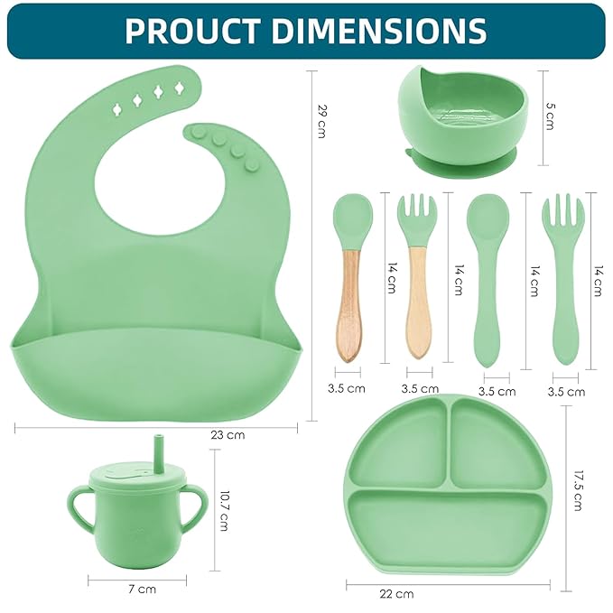 Dormlony 100% Silicone Baby Feeding Set,BPA Free Baby Dishes Set with Suction Bowl Divided Plate,Toddler Self Feeding Dish Set with Spoons Forks Sippy Cup and Bib, Baby Eating Utensils (Neon Green)