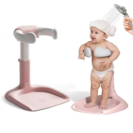 Baby Shower Stand, Toddler Bath Standing Support with Anti-Slip Base and Shower Holder, Adjustable Height, Soporte para Bañera de Bebé, Ideal Gift for Infants 6-36 Months-Pink