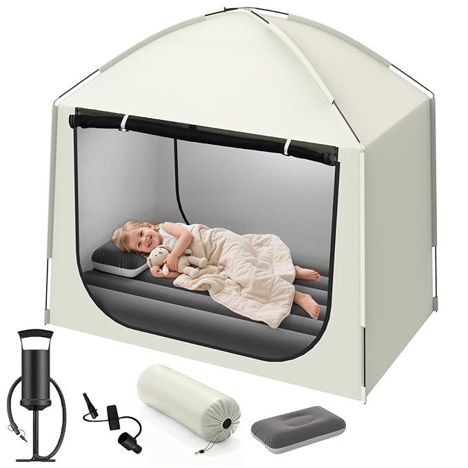 Inflatable Toddler Travel Bed with Tent – Portable Toddler Bed with Hand Pump-Toddler Blow Up Mattress Indoor & Outdoor Kids Air Mattress Tent for Camping, Travel, Home(52.4 Inch)
