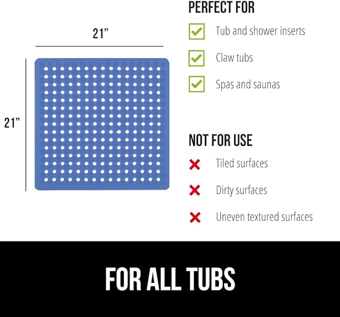 GORILLA GRIP Patented Square Shower Stall Mat, Small Bathtub Floor Mats for Stand Up Showers, Suction Cups, Drain Holes, Machine Wash, Soft on Feet, Bathroom Accessories 21x21 Inch, Royal Blue Opaque