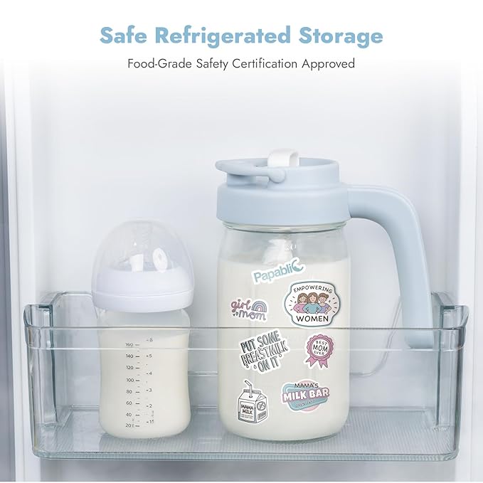 Papablic Glass Breastmilk Pitcher, Fast Baby Formula Maker with Mixing Handle Lid, Wide Mouth Mason Jar Breast Milk Storage Container with Flip-Lock Spout, BPA-Free, Blue