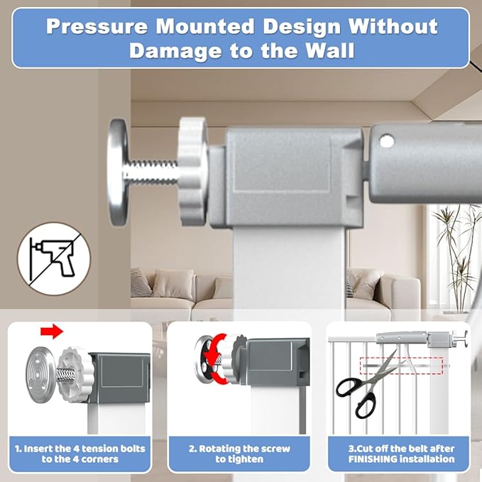 Qonimm 40.55" Extra Tall Baby Gate -40.6"-49.1" Extra Wide Baby Gate Pet Gate for Stairs and Doorways-1.37" Ultra Narrow Spacing Pressure Mounted Dog Gate with One-Handed Operation(40.6"-49.1")