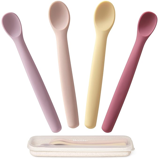 Moonkie Silicone Baby Spoons Set of 4, Toddler Spoons for Self Feeding 6 Months, Two Sizes Feeding Spoons for First Stage 4+ Months, Infant, Baby Utensils with Case, Bendable, Chewproof & Boil-proof