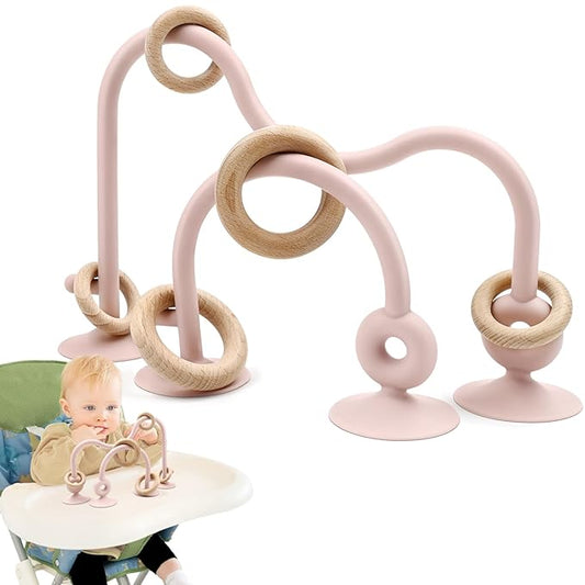 Baby Sensory High Chair Suction Toys for Infant Toddlers 12 18 Months, Food Grade Silicone String with Oak Loop Montessori Educational Parent-Child Baby Bath Toy Gift for Birthday Christmas(Pink)