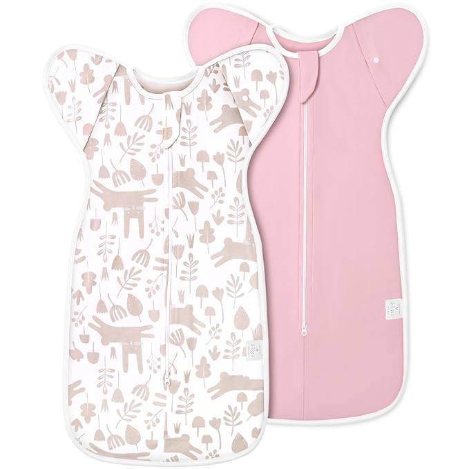 2-Pack Baby Transitional Swaddle Sleep Sack - Arms Up Swaddle 3-6 Months for Baby Girl, Newborn Sleep Sack with Cuff Removable & 2-Way Zipper Design, Pink Bunny