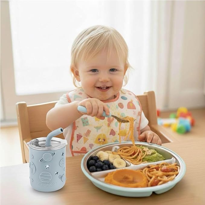 PandaEar 6-in-1 Stainless Steel Baby Feeding Set | Divided Suction Plate, Bowl, Sippy Cup with Straw, Bib, Spoon & Fork | BPA-Free Toddler Feeding Essentials for Self-Feeding (Blue)