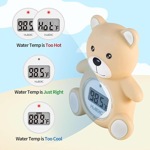 HubiBaby Baby Bath Thermometer & Digital Room Temperature, 2in1 Kids Bathroom Safety Products with Temperature Warning, Floating Teddy Bear (Khaki)