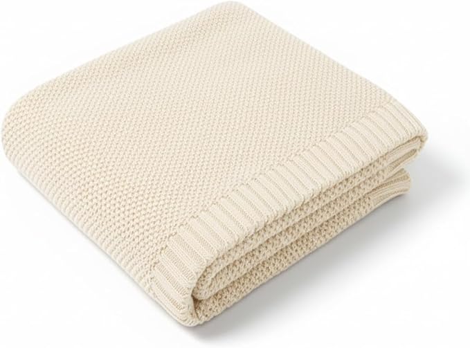 Grewear Baby Knit Blanket Soft Cotton Lightweight Newborn Blanket for Crib Stroller Toddler Nursery Shower Gift Cozy Breathable Travel Swaddle Wrap Cream 30 x 40 Inches