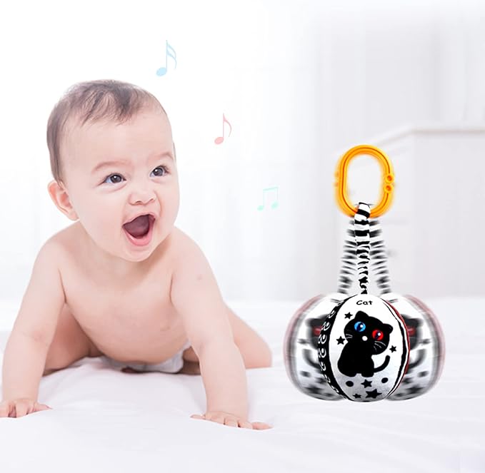 KAKIBLIN Baby Hanging Rattle Toys, 4 Pack Black and White Car Seat Baby Toys Soft Squeaky Stroller Toy for Babies Montessori Sensory Toy 0-12 Months for Newborn Infant, White and Black