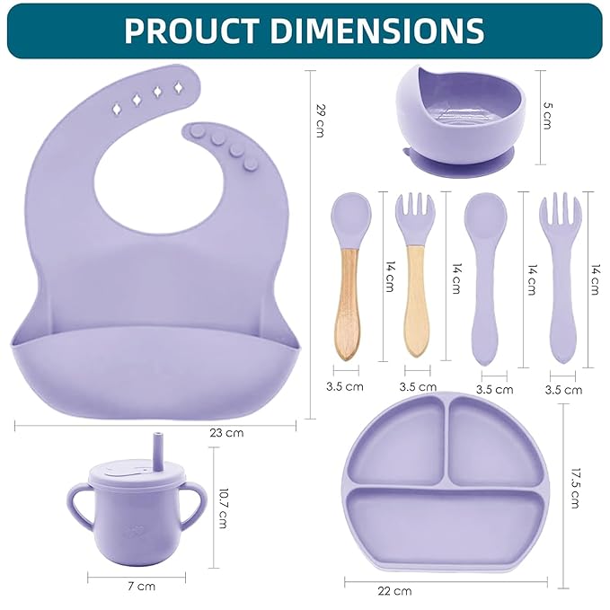 Dormlony 100% Silicone Baby Feeding Set,BPA Free Baby Dishes Set with Suction Bowl Divided Plate,Toddler Self Feeding Dish Set with Spoons Forks Sippy Cup and Bib, Baby Eating Utensils(Purple)