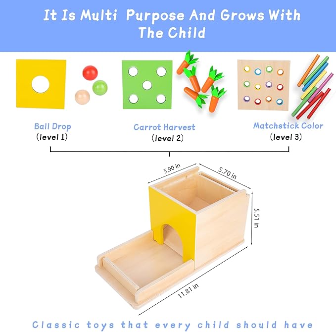 Montessori Toddler Play Kit Montessori Box Toys for 1 Year Old 2 Years Baby Learning Toys Gift Carrot Harvest Game, Matchstick Color Drop Game and Coin Box (5-for-1)