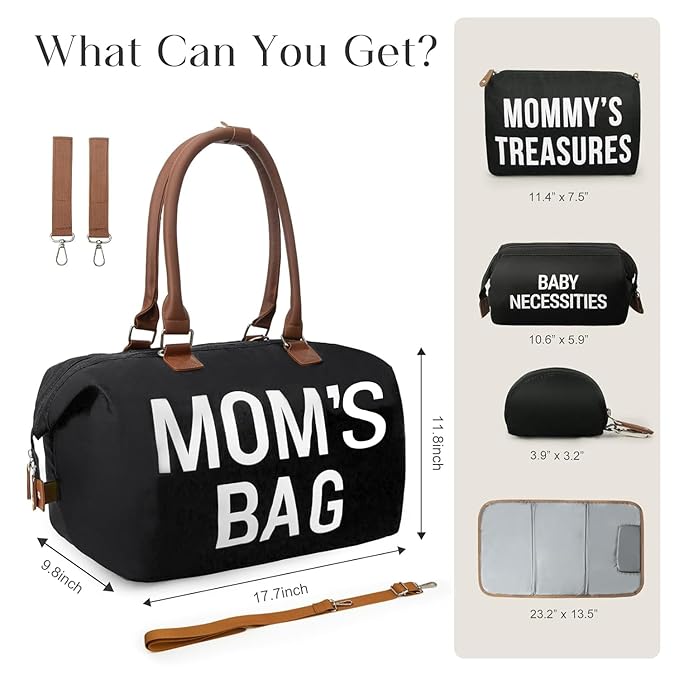 printe 6pcs Large Diaper Bag Tote with Changing Pad & 2 Organized Pouches, Mom's Bag for Hospital with Pacifier Case, Straps, Stroller Hook, Baby Diaper Bag for Weekender Travel