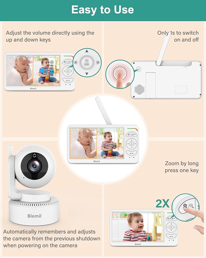 Blemil 6" Baby Monitor with 2 Cameras 4000mAh Battery Upgrade Split Screen Video Baby Monitor No WiFi Remote Pan-Tilt-Zoom Auto-Night Vision 150 Languages ECO Mode 2-Way Talk 1000FT (Ideal Condition)
