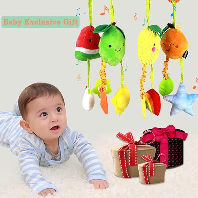 KAKIBLIN Baby Hanging Rattle Toys, 4 Pack Car Seat Stroller Toys Soft Squeaky Toy for Baby Newborn Infant Car Crib Travel Activity with Teether for Boys Girls, Toys for 0 3 6 9 12 Months, Fruits-A
