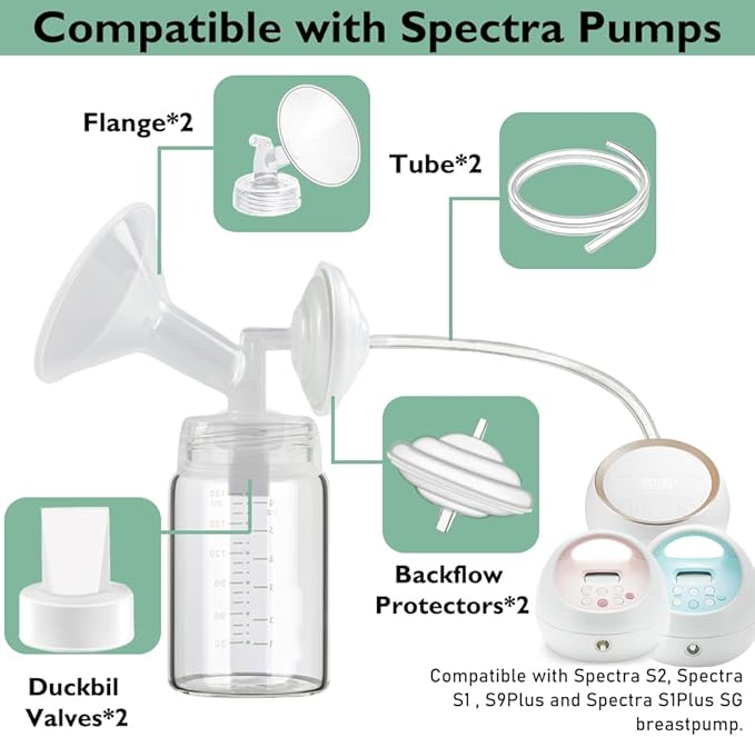 31mm Flange Pump Parts Compatible Spectra S1 S2 9 Breast Pumps Replacement,Full Set Replacements Include Flange Backflow Protector Membrane Duckbill Valve Tube,Not Original Accessories
