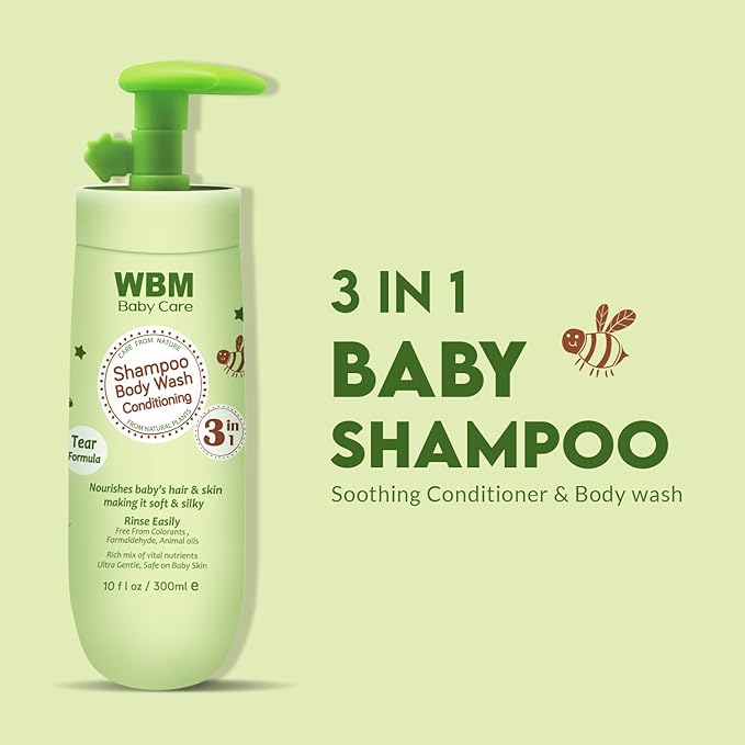 WBM Care 3-in-1 Baby Shampoo, Body Wash & Conditioner (10 oz, Pack of 2) offers a gentle, nourishing formula for baby’s hair and skin, Tear-free and hypoallergenic