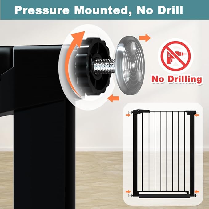 Fairy Baby Narrow Baby Gate 24.0"-26.7" Inch Wide, 38" Tall Pressure Mounted Auto-Close Dog Gate for Small Stairs and Doorways, Metal Safety Gate Indoor for Kids and Pets with NO Extensions, Black