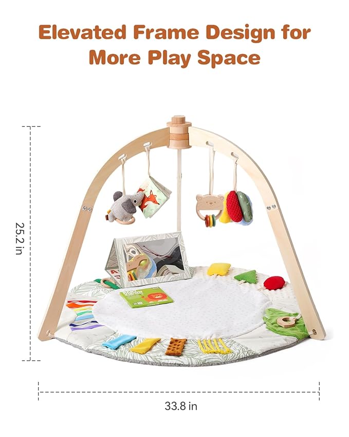 Macabaka Wooden Baby Play Gym & Tummy Time Playmat – Montessori Sensory Activity Mat with 6 Developmental Toys for Fine Motor Skills – for Newborns to Toddlers (0–12M+)